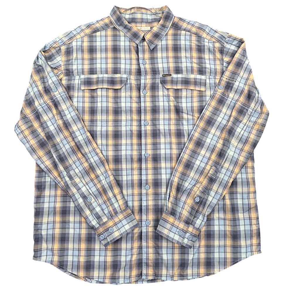 Columbia Mens Omni-Shade Plaid Long Sleeve Roll Tab Fishing Hiking Shirt XL Blue